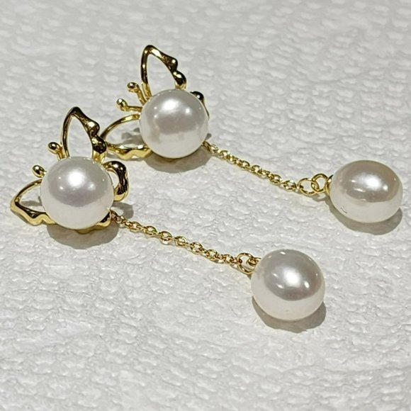 White Cultured Freshwater Pearl Dangle Jacket Butterfly Earrings Gold Plated‎ - Picture 11 of 13
